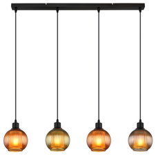 Závěsné svítidlo, kov černý, skleněné koule, kabel PVC černý, nastavitelná výška, barvy skla: 1x zelená, 2x bronzová, 1x modrá, vnitřní skla bílá, DxŠxV:900x150x1200mm, bez žárovek 4xE27, max. 25W 230V