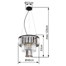 Závěsné svítidlo, kov černý, skleněné křišťály kouřové, čiré, kabel PVC černý, možnost zkrácení výšky, ø:400mm, V:1200mm, bez žárovek 3xE27,max. 40W 230V