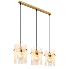 Závěsné svítidlo, kov zlaté barvy, skleněné tyče bílé, průhledné, kabel PVC černý, možnost zkrácení výšky, DxŠxV:800x200x1400mm, bez žárovek 3xE27, Max. 60W 230V