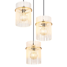 Závěsné svítidlo, kov zlaté barvy, skleněné tyče bílé, průhledné, kabel PVC černý, výškově nastavitelné, ø:470mm, V:1400mm, bez žárovek 3xE27, 60W 230V