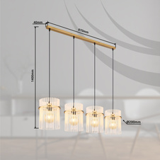 Závěsné svítidlo, kov zlaté barvy, skleněné tyče bílé, průhledné, kabel PVC černý, možnost zkrácení výšky, DxŠxV:1100x200x1400mm, bez žárovek 4xE27, Max. 60W 230V