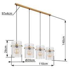 Závěsné svítidlo, kov zlaté barvy, skleněné tyče bílé, průhledné, kabel PVC černý, možnost zkrácení výšky, DxŠxV:1100x200x1400mm, bez žárovek 4xE27, Max. 60W 230V