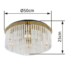 Stropní svítidlo, kov zlatá barva matná, černá, skleněné tyče bílé, průhledné, ø:500mm, V:250mm, bez žárovek 5xE27,max. 60W 230V