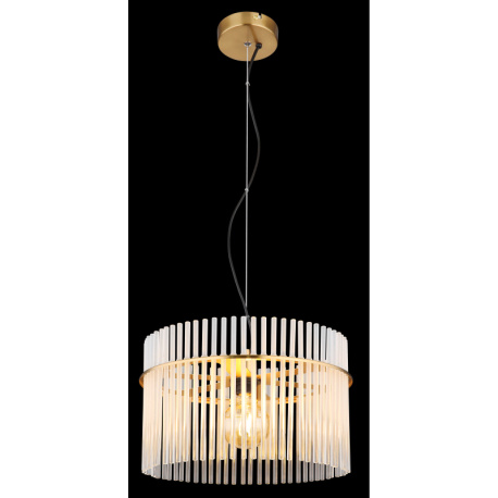 Závěsné svítidlo, kov zlaté barvy, skleněné tyče bílé, průhledné, kabel PVC černý, možnost zkrácení výšky, ø:400mm, V:1500mm, bez žárovky 1xE27,max. 60W 230V