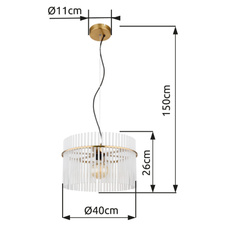 Závěsné svítidlo, kov zlaté barvy, skleněné tyče bílé, průhledné, kabel PVC černý, možnost zkrácení výšky, ø:400mm, V:1500mm, bez žárovky 1xE27,max. 60W 230V