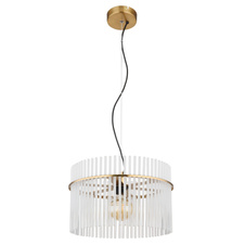 Závěsné svítidlo, kov zlaté barvy, skleněné tyče bílé, průhledné, kabel PVC černý, možnost zkrácení výšky, ø:400mm, V:1500mm, bez žárovky 1xE27,max. 60W 230V