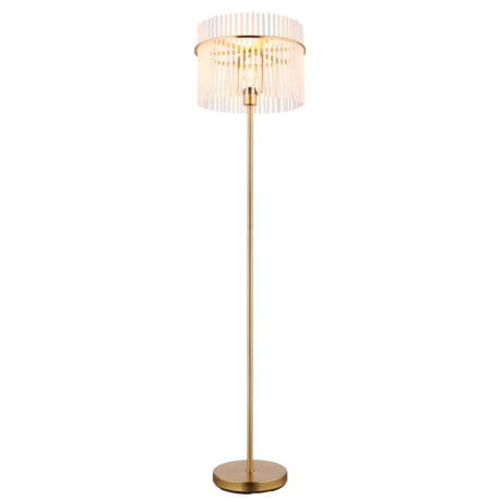 Stojací svítidlo, kov zlaté barvy, skleněné tyče bílé, průhledné, kabel PVC černý, vypínač na kabelu, ø:380mm, V:1520mm, délka kabelu 1800mm, bez žárovky 1xE27, max. 60W 230V