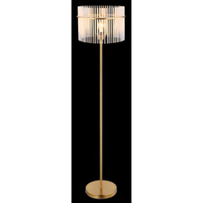 Stojací svítidlo, kov zlaté barvy, skleněné tyče bílé, průhledné, kabel PVC černý, vypínač na kabelu, ø:380mm, V:1520mm, délka kabelu 1800mm, bez žárovky 1xE27, max. 60W 230V