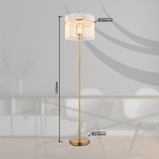Stojací svítidlo, kov zlaté barvy, skleněné tyče bílé, průhledné, kabel PVC černý, vypínač na kabelu, ø:380mm, V:1520mm, délka kabelu 1800mm, bez žárovky 1xE27, max. 60W 230V