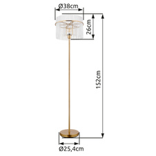 Stojací svítidlo, kov zlaté barvy, skleněné tyče bílé, průhledné, kabel PVC černý, vypínač na kabelu, ø:380mm, V:1520mm, délka kabelu 1800mm, bez žárovky 1xE27, max. 60W 230V