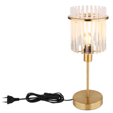 Stolní svítidlo, kov zlaté barvy, skleněné tyče bílé, průhledné, kabel PVC černý, kolébkový vypínač na kabelu, ø:150mm, V:375mm, délka kabelu 1500mm, bez žárovky 1xE14, max. 40W 230V