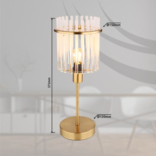 Stolní svítidlo, kov zlaté barvy, skleněné tyče bílé, průhledné, kabel PVC černý, kolébkový vypínač na kabelu, ø:150mm, V:375mm, délka kabelu 1500mm, bez žárovky 1xE14, max. 40W 230V