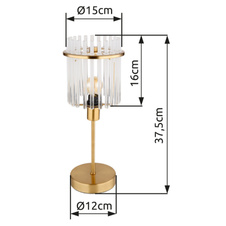 Stolní svítidlo, kov zlaté barvy, skleněné tyče bílé, průhledné, kabel PVC černý, kolébkový vypínač na kabelu, ø:150mm, V:375mm, délka kabelu 1500mm, bez žárovky 1xE14, max. 40W 230V