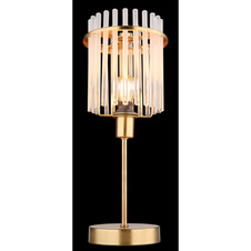 Stolní svítidlo, kov zlaté barvy, skleněné tyče bílé, průhledné, kabel PVC černý, kolébkový vypínač na kabelu, ø:150mm, V:375mm, délka kabelu 1500mm, bez žárovky 1xE14, max. 40W 230V