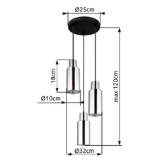 Závěsné svítidlo, kov černý, sklo kouřové barvy, kabel PVC černý, možnost zkrácení výšky, ø:320mm, V:1200mm, bez žárovek 3xE27,max. 25W 230V