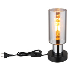 Stolní svítidlo, kov černý, sklo kouřové barvy, kabel PVC černý, kolébkový vypínač na kabelu, ø:110mm, V:270mm, délka kabelu 1500mm, bez žárovky 1xE27, max. 25W 230V