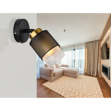 Nástěnné svítidlo, kov černý matný, sklo satinované, průhledné, kov mosazné barvy, ŠxV:100x190mm, H:200mm, bez žárovky 1xE27,max. 40W 230V