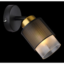 Nástěnné svítidlo, kov černý matný, sklo satinované, průhledné, kov mosazné barvy, ŠxV:100x190mm, H:200mm, bez žárovky 1xE27,max. 40W 230V