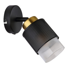 Nástěnné svítidlo, kov černý matný, sklo satinované, průhledné, kov mosazné barvy, ŠxV:100x190mm, H:200mm, bez žárovky 1xE27,max. 40W 230V