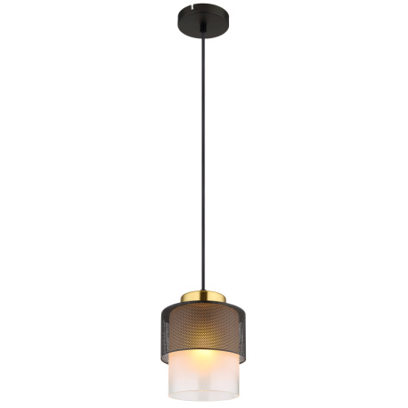 Závěsné svítidlo, kov černý, sklo satinované, průhledné, kov mosazné barvy, textilní kabel černý, možnost zkrácení výšky, ø:180mm, V:1200mm, bez žárovky 1xE27,max. 60W 230V