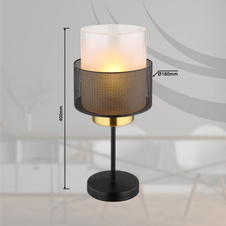 Stolní svítidlo, kov černý matný, sklo satinované, průhledné, černý textilní kabel, kolébkový vypínač na kabelu, ø:180mm, V:400mm, délka kabelu 1500mm, bez žárovky 1xE27, max. 60W 230V