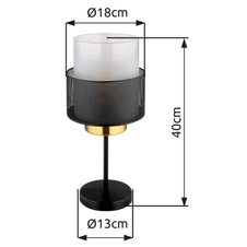 Stolní svítidlo, kov černý matný, sklo satinované, průhledné, černý textilní kabel, kolébkový vypínač na kabelu, ø:180mm, V:400mm, délka kabelu 1500mm, bez žárovky 1xE27, max. 60W 230V