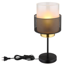 Stolní svítidlo, kov černý matný, sklo satinované, průhledné, černý textilní kabel, kolébkový vypínač na kabelu, ø:180mm, V:400mm, délka kabelu 1500mm, bez žárovky 1xE27, max. 60W 230V