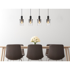 Závěsné svítidlo, kov černý, sklo kouřové, průhledné, kabel PVC černý, možnost zkrácení výšky, DxŠxV:1025x125x1500mm, bez žárovek 4xE27,max. 40W 230V