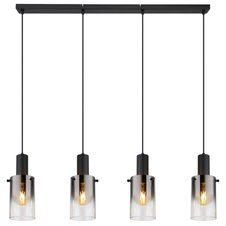 Závěsné svítidlo, kov černý, sklo kouřové, průhledné, kabel PVC černý, možnost zkrácení výšky, DxŠxV:1025x125x1500mm, bez žárovek 4xE27,max. 40W 230V