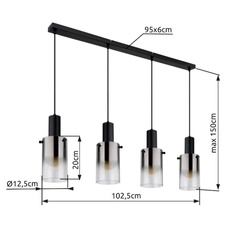 Závěsné svítidlo, kov černý, sklo kouřové, průhledné, kabel PVC černý, možnost zkrácení výšky, DxŠxV:1025x125x1500mm, bez žárovek 4xE27,max. 40W 230V