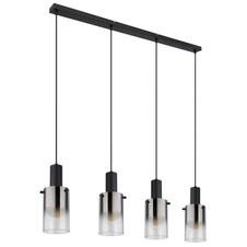 Závěsné svítidlo, kov černý, sklo kouřové, průhledné, kabel PVC černý, možnost zkrácení výšky, DxŠxV:1025x125x1500mm, bez žárovek 4xE27,max. 40W 230V