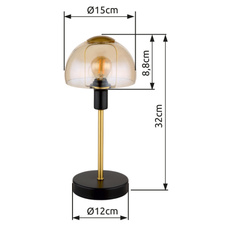 Stolní svítidlo, kov černý, kov zlatý, sklo jantarové, kabel PVC černý, dotykové zapínání/vypínání, ø:150mm, V:320mm, délka kabelu 1500mm, bez žárovky 1xE14, max. 25W 230V
