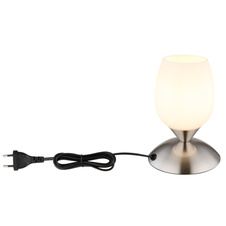 Stolní svítidlo, kov nikl matný, sklo bílé, kabel PVC černý, dotykové zapínání/vypínání, ø:125mm, V:180mm, délka kabelu 1500mm, bez žárovky 1xE14, max. 25W 230V