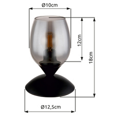 Stolní svítidlo, kov černý, sklo kouřové barvy, kabel PVC černý, dotykové zapínání/vypínání, ø:125mm, V:180mm, délka kabelu 1500mm, bez žárovky 1xE14, max. 25W 230V