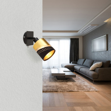 Nástěnné svítidlo, kov černý, textil černý, plast zlaté barvy, kolébkový vypínač na výrobku, ŠxV:90x175mm, H:200mm, bez žárovky 1xE14, max. 25W 230V