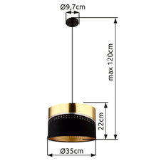 Závěsné svítidlo, černý matný kov, černý textil, plast zlaté barvy, černý PVC kabel, výškově nastavitelné, ø:350mm, V:1200mm, bez žárovky 1xE27,max. 60W 230V