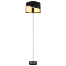 Stojací svítidlo, kov černý, textil černý, plast zlaté barvy, kabel PVC černý, vypínač na kabelu, ø:350mm, V:1460mm, délka kabelu 1800mm, bez žárovky 1xE27, max. 60W 230V