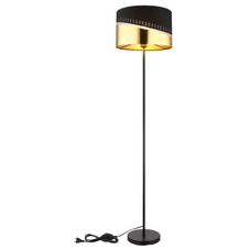Stojací svítidlo, kov černý, textil černý, plast zlaté barvy, kabel PVC černý, vypínač na kabelu, ø:350mm, V:1460mm, délka kabelu 1800mm, bez žárovky 1xE27, max. 60W 230V