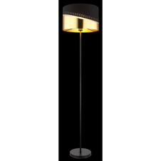 Stojací svítidlo, kov černý, textil černý, plast zlaté barvy, kabel PVC černý, vypínač na kabelu, ø:350mm, V:1460mm, délka kabelu 1800mm, bez žárovky 1xE27, max. 60W 230V