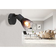 Nástěnné svítidlo, kov černý, sklo kouřové, průhledné, ŠxV:80x130mm, H:165mm, bez žárovky 1xE14, max. 25W 230V