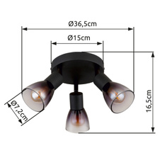 Stropní svítidlo, kov černý, sklo kouřové, průhledné, ø:220mm, V:165mm, bez žárovek 3xE14, max. 25W 230V