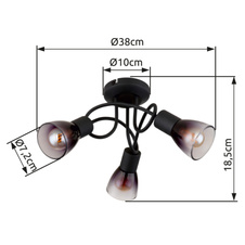 Stropní svítidlo, kov černý, sklo kouřové a průhledné, ø:380mm, V:185mm, bez žárovek 3xE14, max. 25W 230V