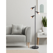 Stojací svítidlo, kov černý matný, sklo kouřové a průhledné, kabel PVC černý, vyínač na kabelu, DxŠxV:300x220x1610mm, délka kabelu 1800mm, bez žárovek 3xE14, max. 25W 230V