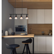 Závěsné svítidlo, kov černý, sklo kouřové a průhledné, kabel PVC černý, možnost zkrácení výšky, DxŠxV:520x72x1200mm, bez žárovek 4xE14, max. 25W 230V