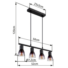 Závěsné svítidlo, kov černý, sklo kouřové a průhledné, kabel PVC černý, možnost zkrácení výšky, DxŠxV:520x72x1200mm, bez žárovek 4xE14, max. 25W 230V