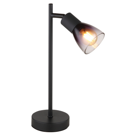 Stolní svítidlo, kov černý matný, sklo kouřové a průhledné, kabel PVC černý, kolébkový vypínač na kabelu, DxŠxV:200x110x350mm, délka kabelu 1500mm, bez žárovky 1xE14, max. 25W 230V