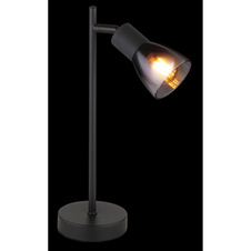 Stolní svítidlo, kov černý matný, sklo kouřové a průhledné, kabel PVC černý, kolébkový vypínač na kabelu, DxŠxV:200x110x350mm, délka kabelu 1500mm, bez žárovky 1xE14, max. 25W 230V