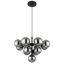 Závěsné svítidlo, kov černý, skleněné koule kouřové barvy, textilní kabel černý, výškově nastavitelné, ø:560mm, V:1200mm, bez žárovek 13xG9 LED, max. 5W 230V