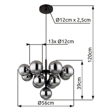 Závěsné svítidlo, kov černý, skleněné koule kouřové barvy, textilní kabel černý, výškově nastavitelné, ø:560mm, V:1200mm, bez žárovek 13xG9 LED, max. 5W 230V