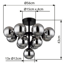 Stropní svítidlo, kov černý, skleněné koule kouřové barvy, ø:560mm, V:430mm, bez žárovek 13xG9 LED, max. 5W 230V
